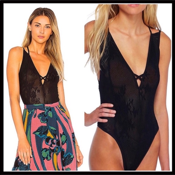 FREE PEOPLE BODYSUIT BLACK LACE BOHO BODYSUIT A2C - Picture 2 of 8